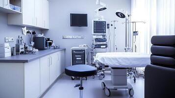 Sleek Medical Room Offering High-Tech Solutions with a Comfortable Patient Bed photo