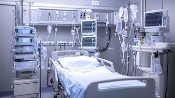 High-Tech Medical Room Showcasing Essential Tools and Modern Bed Design photo