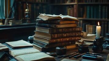 A Charming Stack of Old Books on a Table in a Cozy Study Perfect for Literary Lovers photo