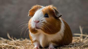 Adorable Guinea Pig with Curious Expression in Hay photo