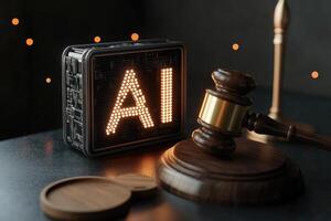 Gavel laying near illuminated ai sign representing artificial intelligence in law and justice photo