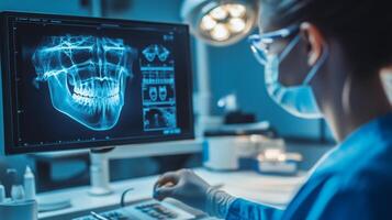 A dental professional closely examines digital x-ray images of a patient's jaw and teeth on a computer screen in a high-tech dental clinic. The environment is equipped with advanced technology. photo