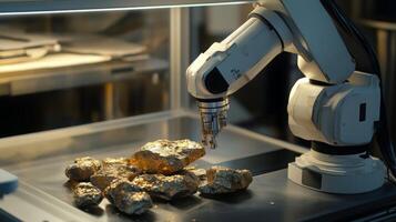 A robotic arm meticulously picks up sparkling gemstone rocks within a high-tech laboratory. The controlled environment showcases advanced technology used for gem analysis and processing. photo