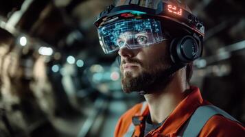 A miner wearing a high-tech helmet with augmented reality features analyzes gemstone deposits deep within an underground tunnel. photo