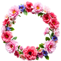 A wreath of pink and blue flowers is shown png