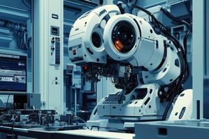 Futuristic robot working on microchips in high-tech factory photo