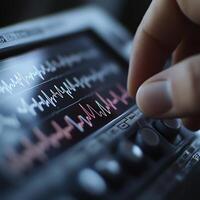 Close-up of a hand adjusting a waveform on an electronic device, capturing precision and control in a high-tech setting. photo