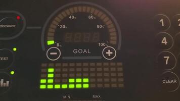 Closeup treadmill dashboard with blinking data. Cardio program start. Running track workout at home. Control panel display of fitness equipment for sport training video