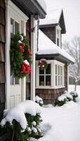 uma acolhedor inverno casa enfeitado Fora para Natal dentro aguarela vetores foto