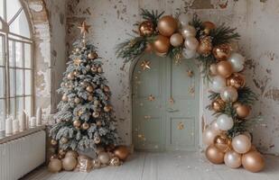 ai generiert Taufe Ballon Dekoration mit Weihnachten Baum mit Kranz foto