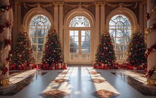 elegant Winter Urlaub Dekor im ein aufwendig Zimmer mit dekoriert Weihnachten Bäume und schneebedeckt Ansichten foto