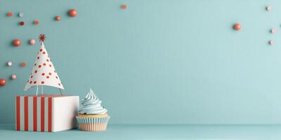 bunt Geburtstag Dekorationen mit Cupcake und Geschenk Box auf Blau Hintergrund zum Feier foto