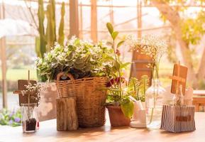 Tisch dekoriert mit Blumenvasen, Hintergrund mit Sonnenlicht, Vintage-Stil foto