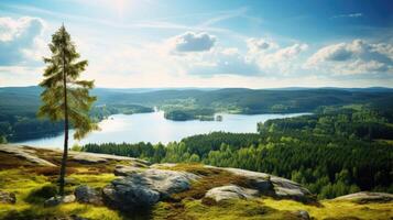 lugn skog sjö landskap med klippig häll foto