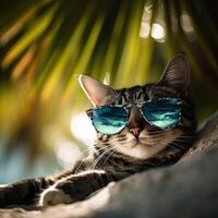 schattig kat aan het liegen in hangmat Aan strand met palm bomen. schattig kat Aan vakantie aan het liegen in hangmat Aan strand met palm bomen. generatief ai. foto