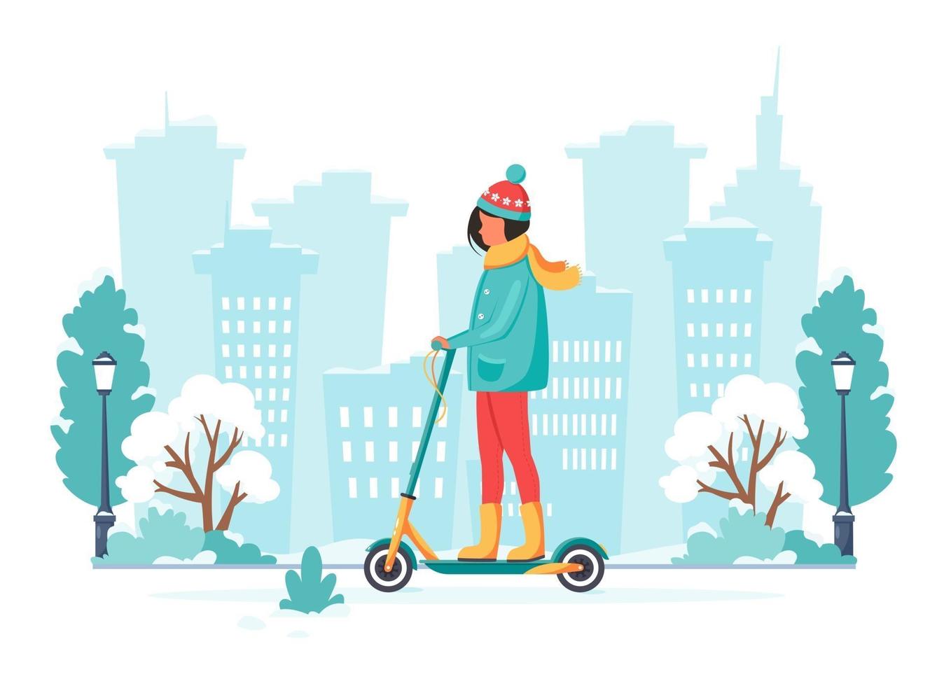 Frau, die elektrischen Winterroller im Winter reitet. Öko-Transportkonzept. Vektorillustration vektor