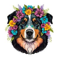 Porträt von ein australisch Schäfer Hund im Blumen. abstrakt Vektor Illustration, mischen von wpap und Pop Kunst Stile. druckbar Design zum Mauer Kunst, T-Shirts, Tassen, Fälle, usw.