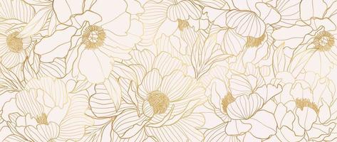 Luxus Gold Pfingstrose Blume Linie Kunst Hintergrund Vektor. natürlich botanisch elegant Blume mit Gold Linie Kunst. Design Illustration zum Dekoration, Mauer Dekor, Hintergrund, Abdeckung, Banner, Poster, Karte. vektor