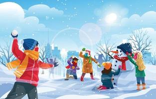 Winterwunderland mit Kindern, die Schneehintergrundkonzept spielen vektor