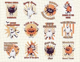 modisch groovig retro 70er Jahre Halloween druckbar Aufkleber mit behandschuhte Geister, Kürbis, Hexe, Trank Kessel und Inschrift glücklich Halloween. Karte Vorlage funky alt Jahrgang Karikatur Zeichen vektor