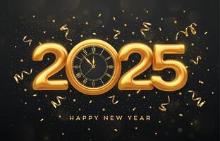 glücklich Neu Jahr 2025. golden metallisch Zahlen 2025, Gold Uhr mit römisch Ziffer und Countdown Mitternacht, Vorabend zum Neu Jahr. fröhlich Weihnachten und glücklich Neu Jahr 2025 Gruß Karte. vektor