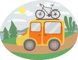 minivan de viagem com bicicleta no topo. conceito de viagens de verão em família. paisagem do país ao redor. vetor