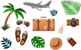 um conjunto de ilustrações vetoriais para viagens. uma coleção de itens para lazer ou viagem. adequado para adesivos, revistas e produtos publicitários. ilustração em vetor plana dos desenhos animados