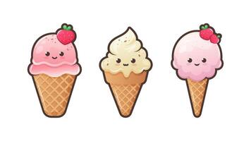 carino cartone animato gelato con divertente viso. kawaii ghiaccio crema nel cialda cono. dolce cibo emoji impostare. estate dolce vettore illustrazione