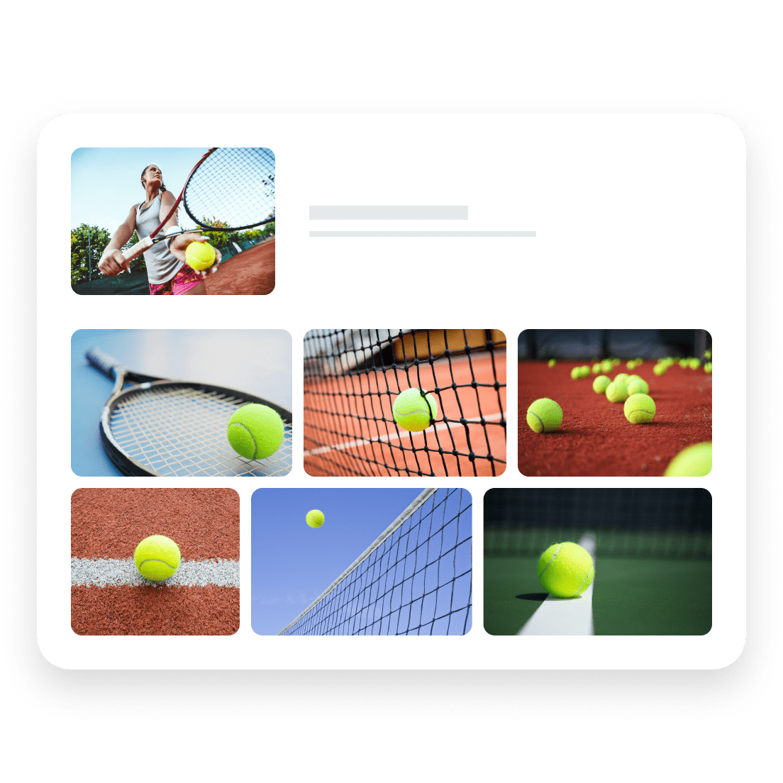 Mock search results grid, featuring tennis balls and tennis-related images.