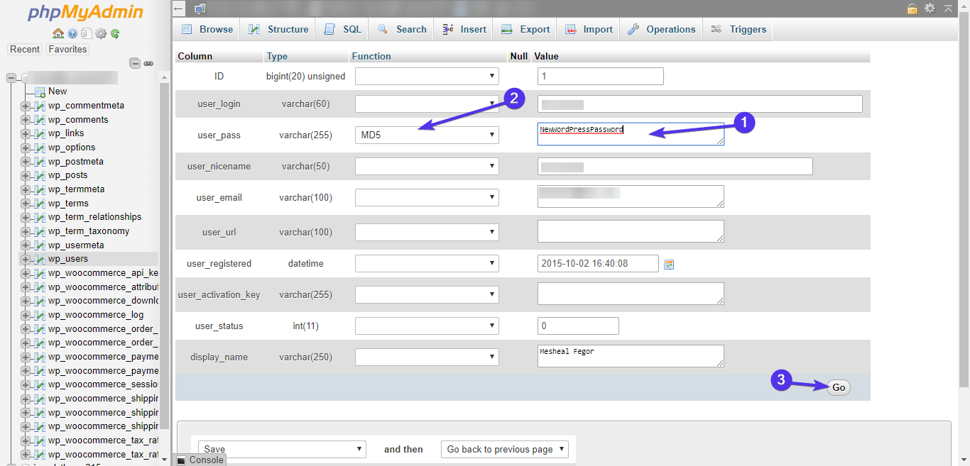 Das Passwort im Feld user_pass bearbeiten