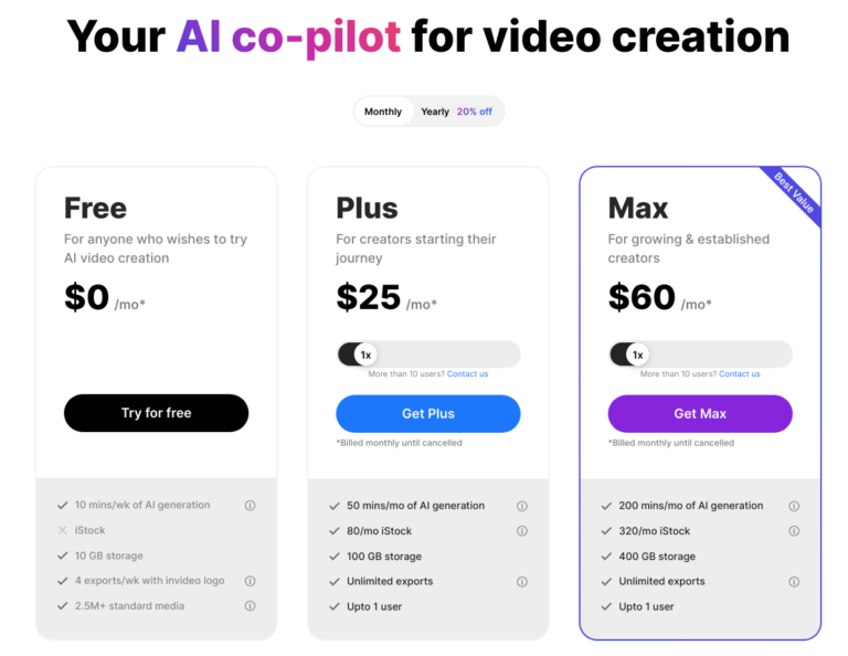 invideo ai pricing