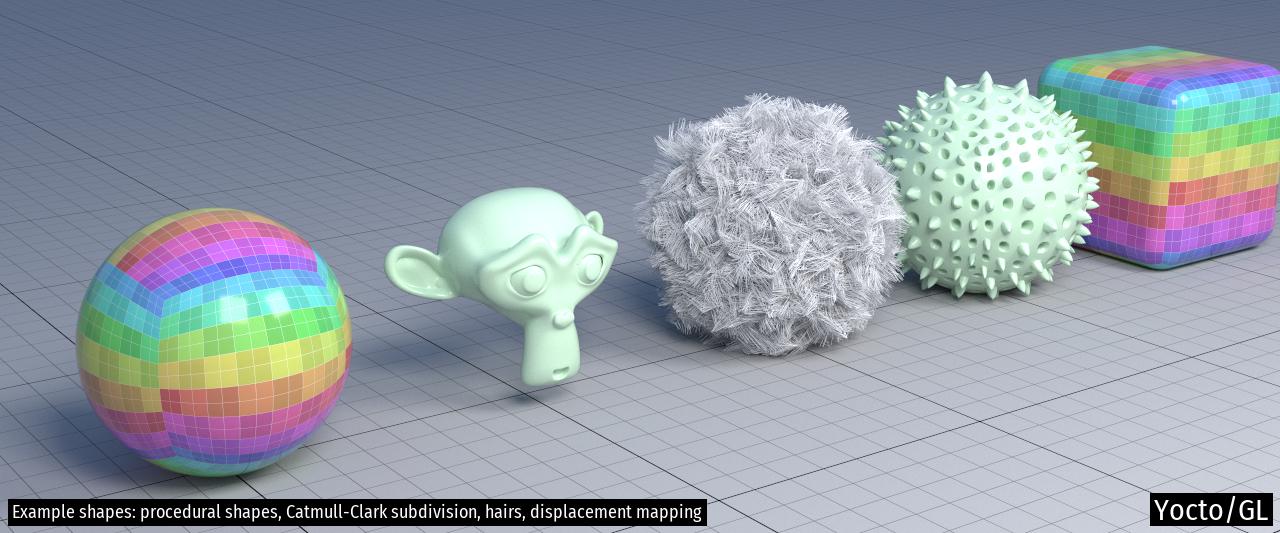 Example shapes: procedural shapes, Catmull-Clark subdivision, hairs, displacement mapping