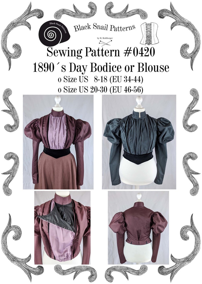 Victorian Blouses, Tops, Shirts, Vests, Sweaters Late Victorian Day Bodice or Blouse around 1890 Sewing Pattern #0420 Size US 8-30 (EU 34-56) PDF Download $8.68 AT vintagedancer.com