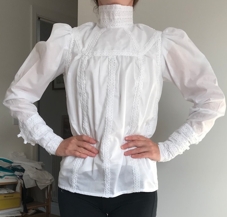 Victorian Blouses, Tops, Shirts, Vests, Sweaters Victorian Edwardian style Women girls blouse long sleeve yoke high collar back closure historical costume size 4-30 $94.46 AT vintagedancer.com