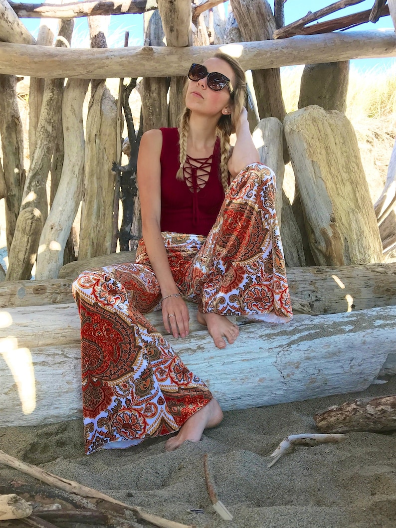 1970s Outfit Inspiration | 70s Costume Ideas PAISLEY VELVET 70s velour free people janis joplin hippie chic boho dance festival burning man gypsy flare bell bottom pants (or leggings) $76.00 AT vintagedancer.com