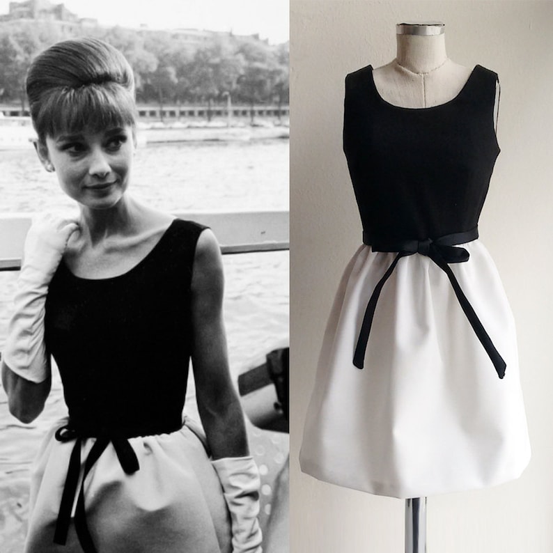 60s Dresses | 1960s Dresses Mod, Mini, Hippie Audrey Hepburn/ Dress/ 50s/ Black White Dress/ 1950s/ Custom made dress/ Cocktail Dress/ Hollywood $207.81 AT vintagedancer.com