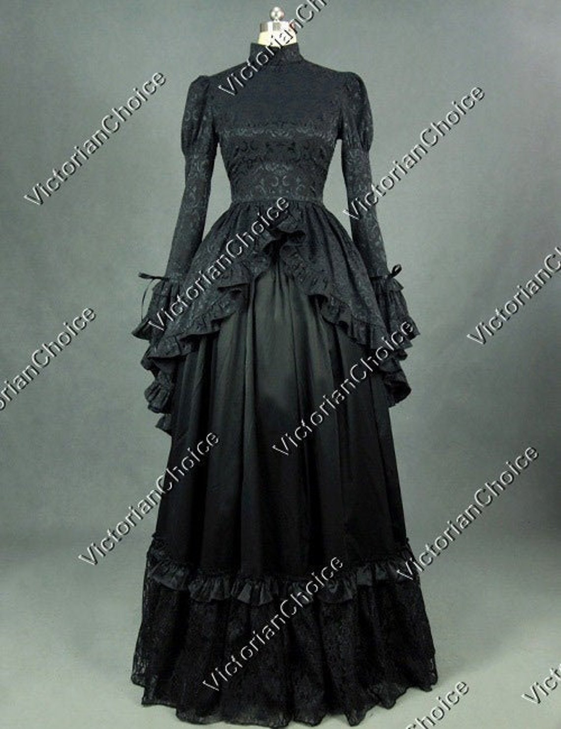 Victorian Clothing, Costumes & 1800s Fashion     Gothic Victorian Edwardian Black Brocade Dress Ball Gown Black Miss of Darkness Costume Adams Family Morticia Addams Costume for Halloween $195.00 AT vintagedancer.com