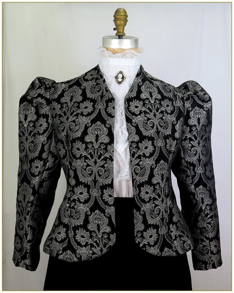 Victorian Blouses, Tops, Shirts, Vests, Sweaters     Victorian Brocade Black & Silver Jacket  AT vintagedancer.com