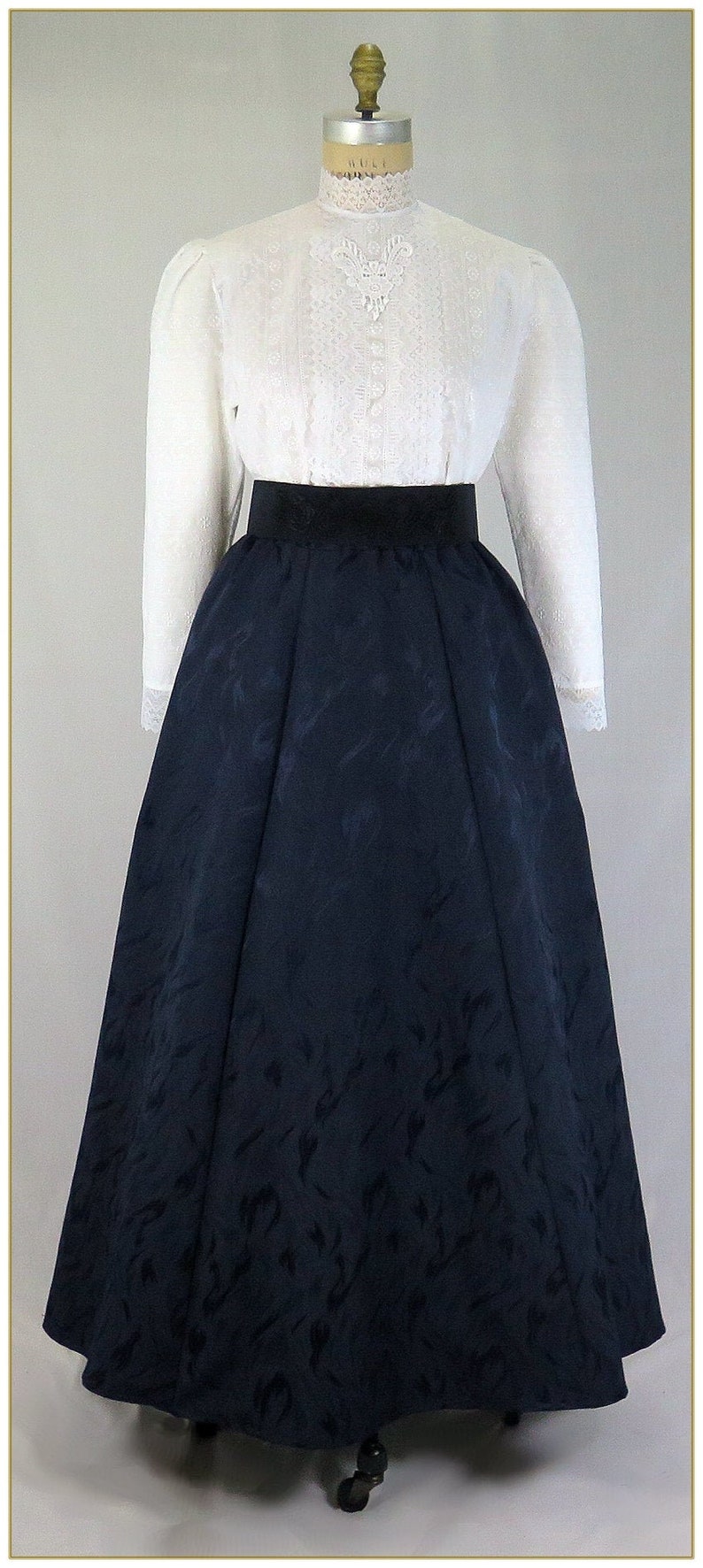 Victorian Clothing, Costumes & 1800s Fashion Victorian Midnight Navy Blue Jacquard Skirt $68.00 AT vintagedancer.com