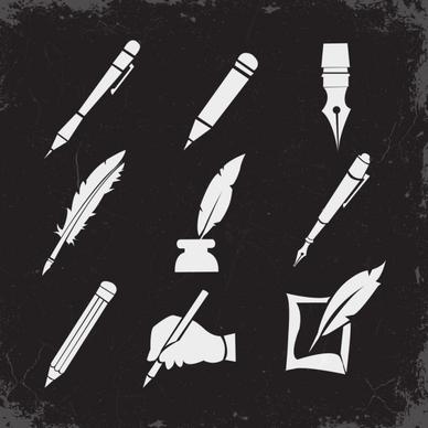 pen icons collection black white retro design