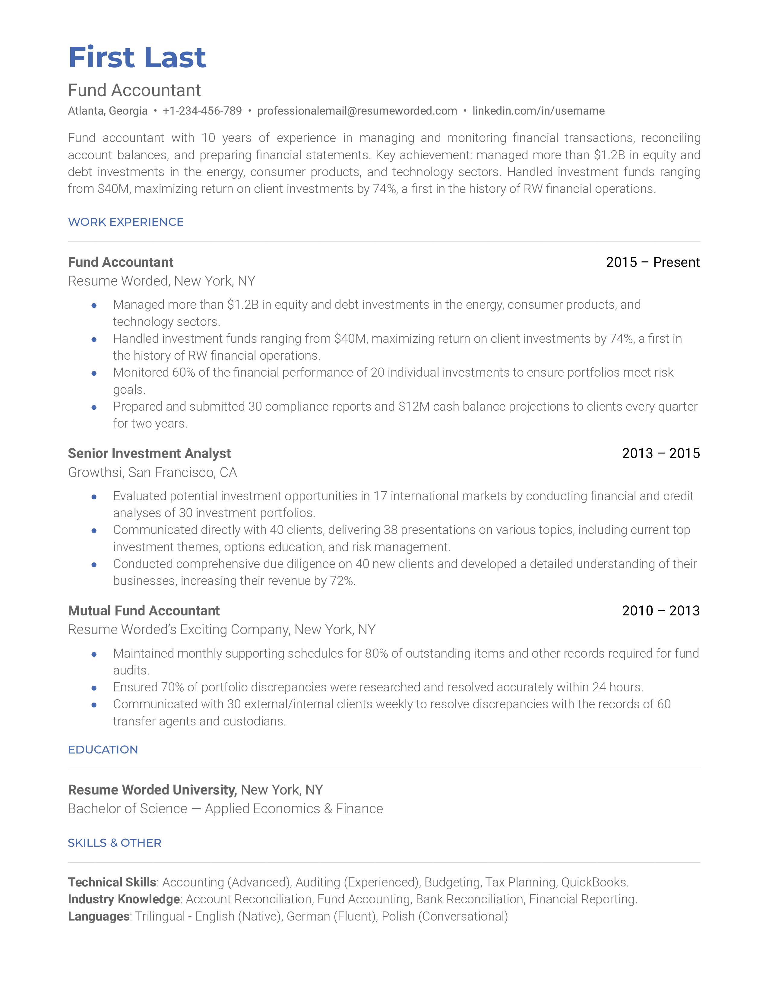 Fund Accountant Resume Example for 2023 | Resume Worded