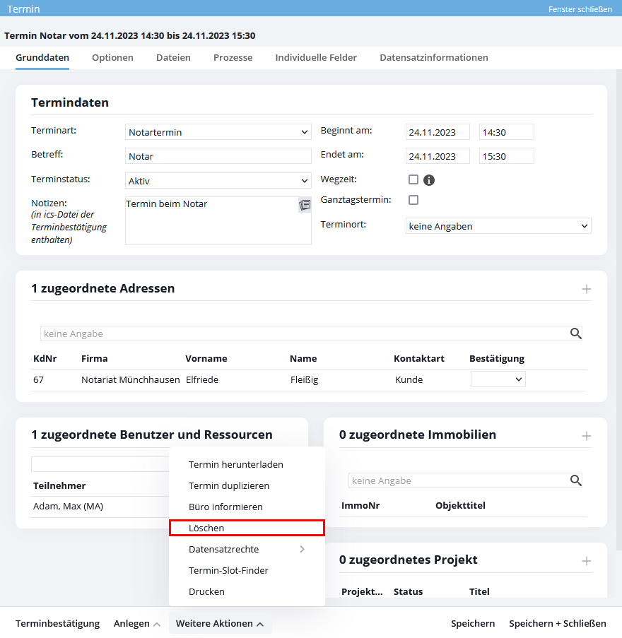 Termin über die Aktionenleiste löschen