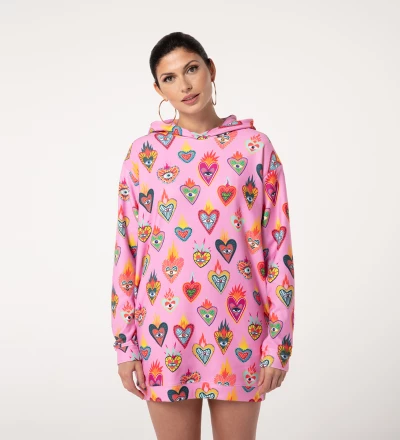 Pink Mexican Hearts Hoodie Oversize Dress