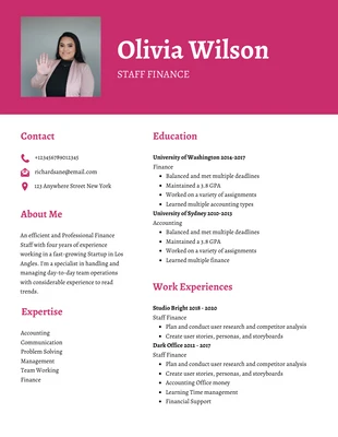 Free  Template: Rosa Oscuro Y Blanco Limpio Femenino Profesional Finanzas Curriculum Vitae