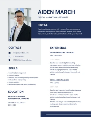 premium  Template: Curriculum Vitae de Trabajo Azul Oscuro y Blanco