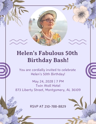 Free  Template: Purple Classic Vintage Floral Celebration 50th Birthday Invitation