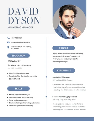 Free  Template: Curriculum vitae del gerente de marketing blanco y azul