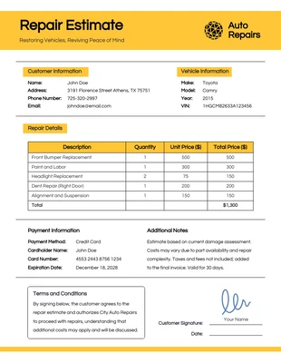 Free  Template: Devis de réparation jaune simple