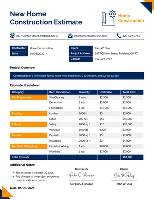 Free  Template: Modèle d'estimation pour la construction d'une nouvelle maison