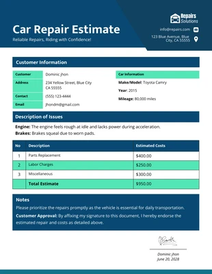 Free  Template: Modèle d'estimation de réparation automobile